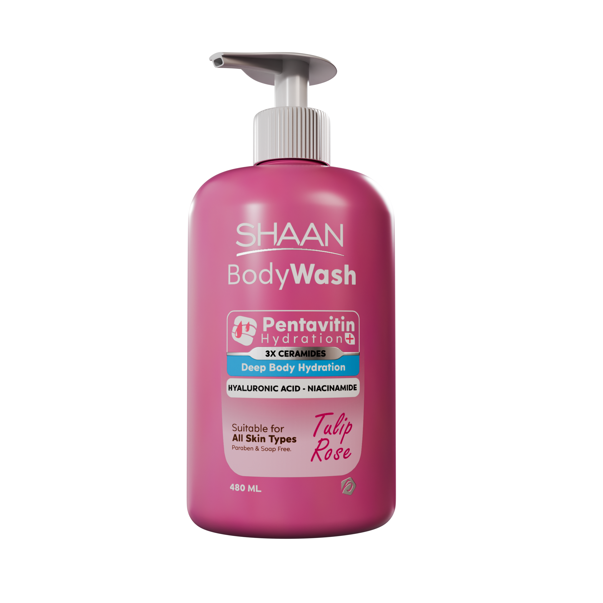 Pink bottle of Shaan Body Wash with Pentavitin Hydration