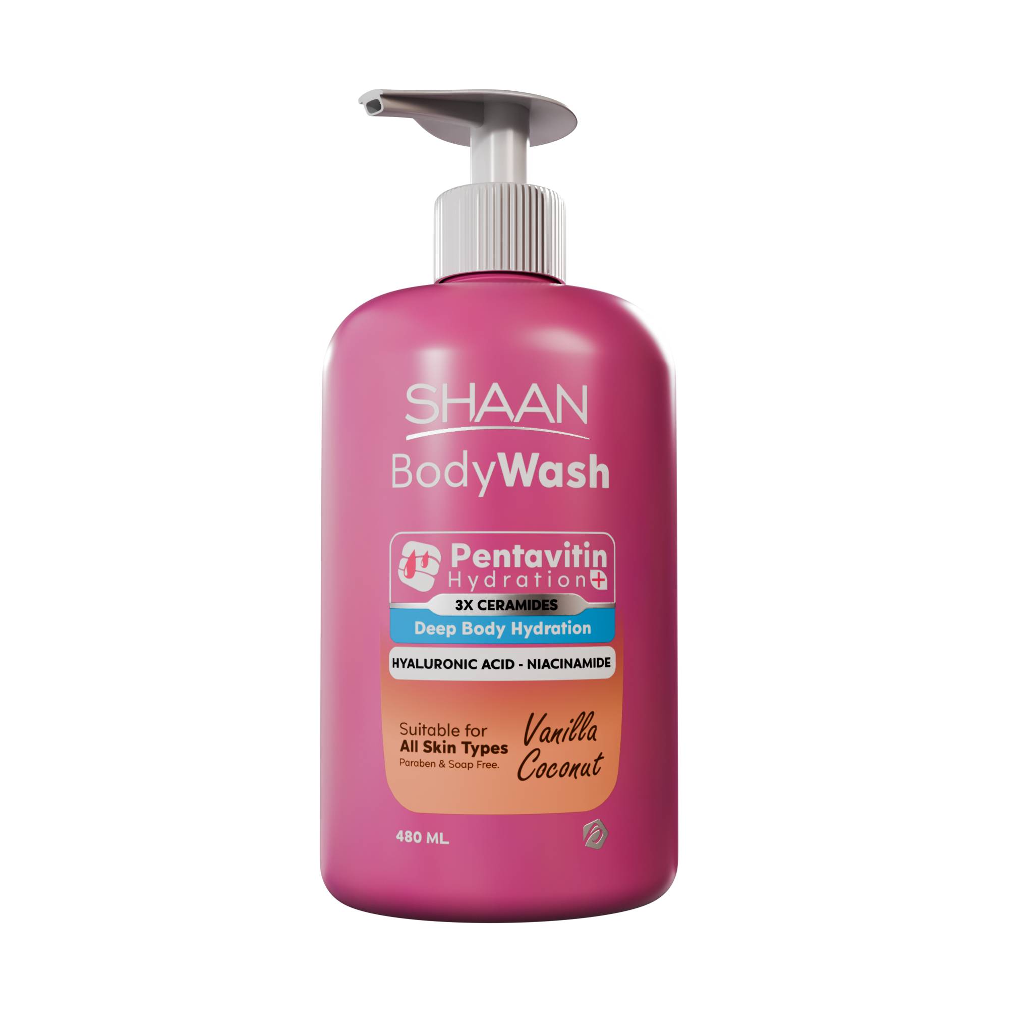 Pink bottle of Shaan Body Wash with Pentavitin Hydration