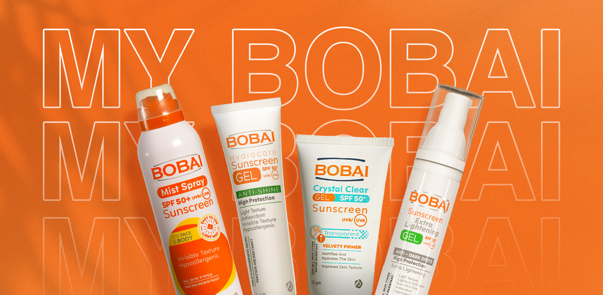 Collection of Bobai sun care products 'MY BOBAI'.