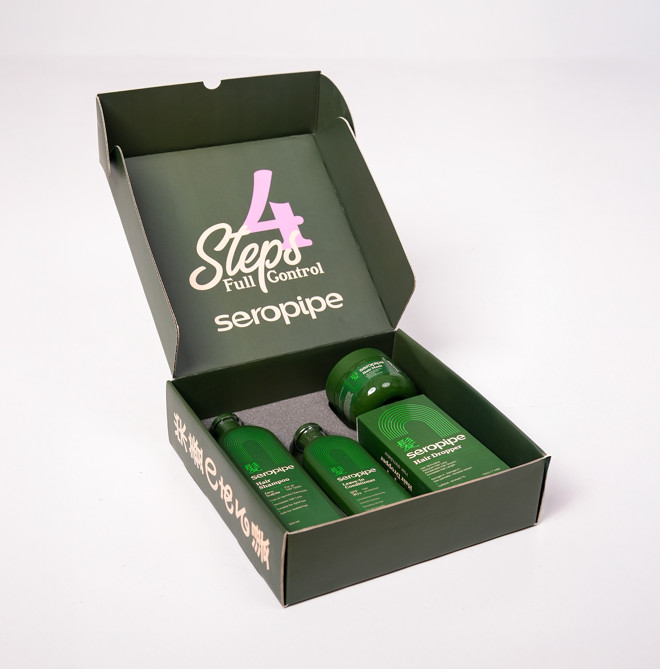 Green skincare product set with '4 Steps Full Control seropipe' packaging