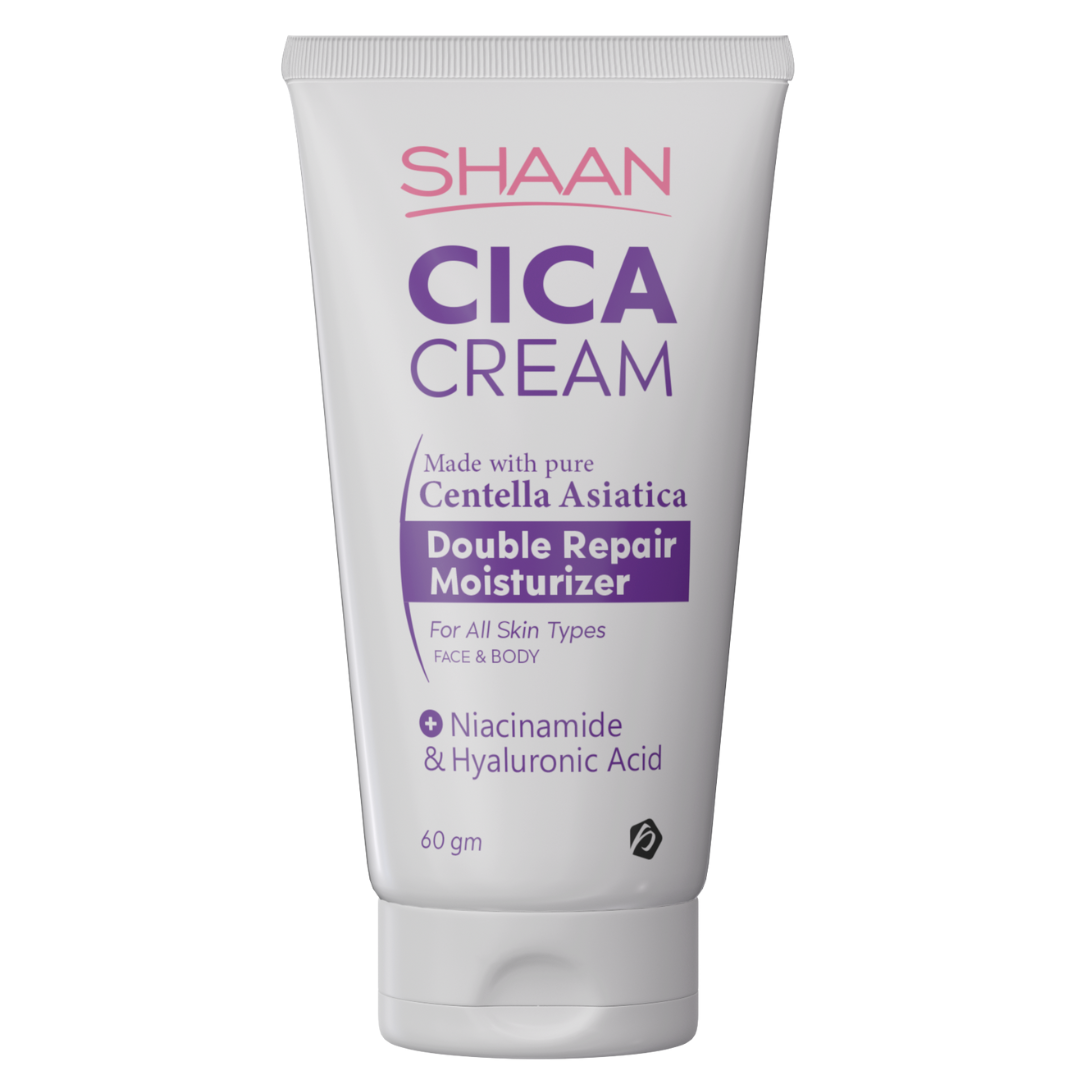 A tube of Shaan CICA cream, with the product name prominently displayed, alongside mentions of key ingredients such as Niacinamide and Hyaluronic Acid, and indications that it's for double repair moisturizing for all skin types.