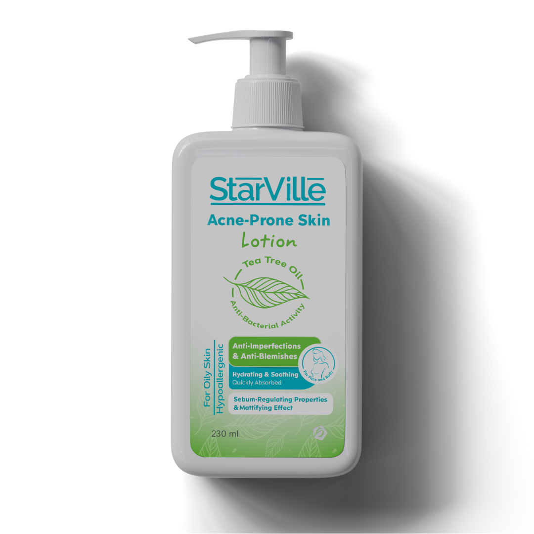 A pump bottle of StarVille Acne Prone Skin Lotion with tea tree oil, designed for moisturizing and mattifying the skin.