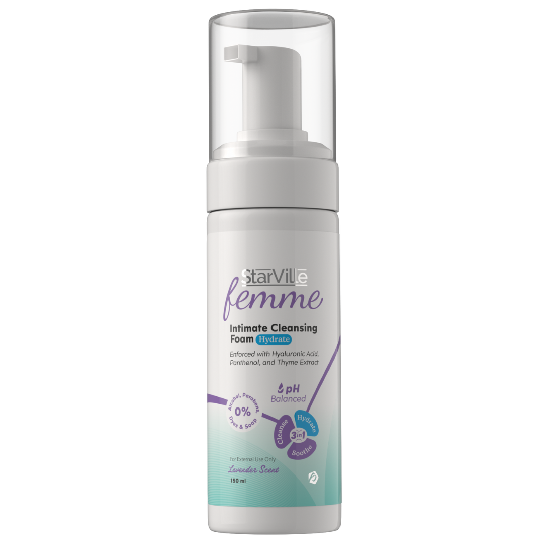 A pump bottle of StarVille Femme Intimate Cleansing Foam hydrate, labeled for hydrating the intimate area with hyaluronic acid and panthenol.