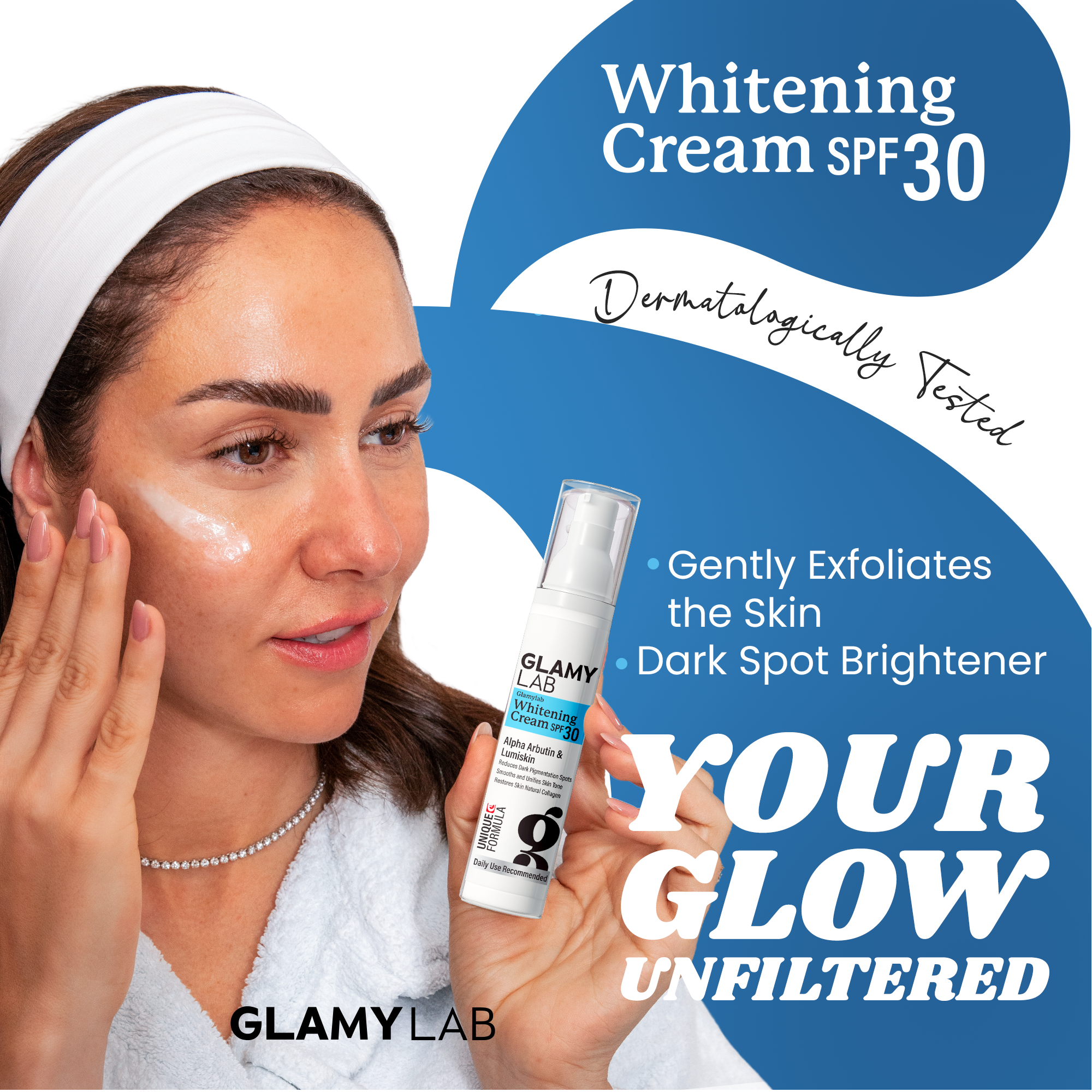 Woman applying Glamy Lab Whitening Cream SPF 30 by Glamylab to her face with product packaging.