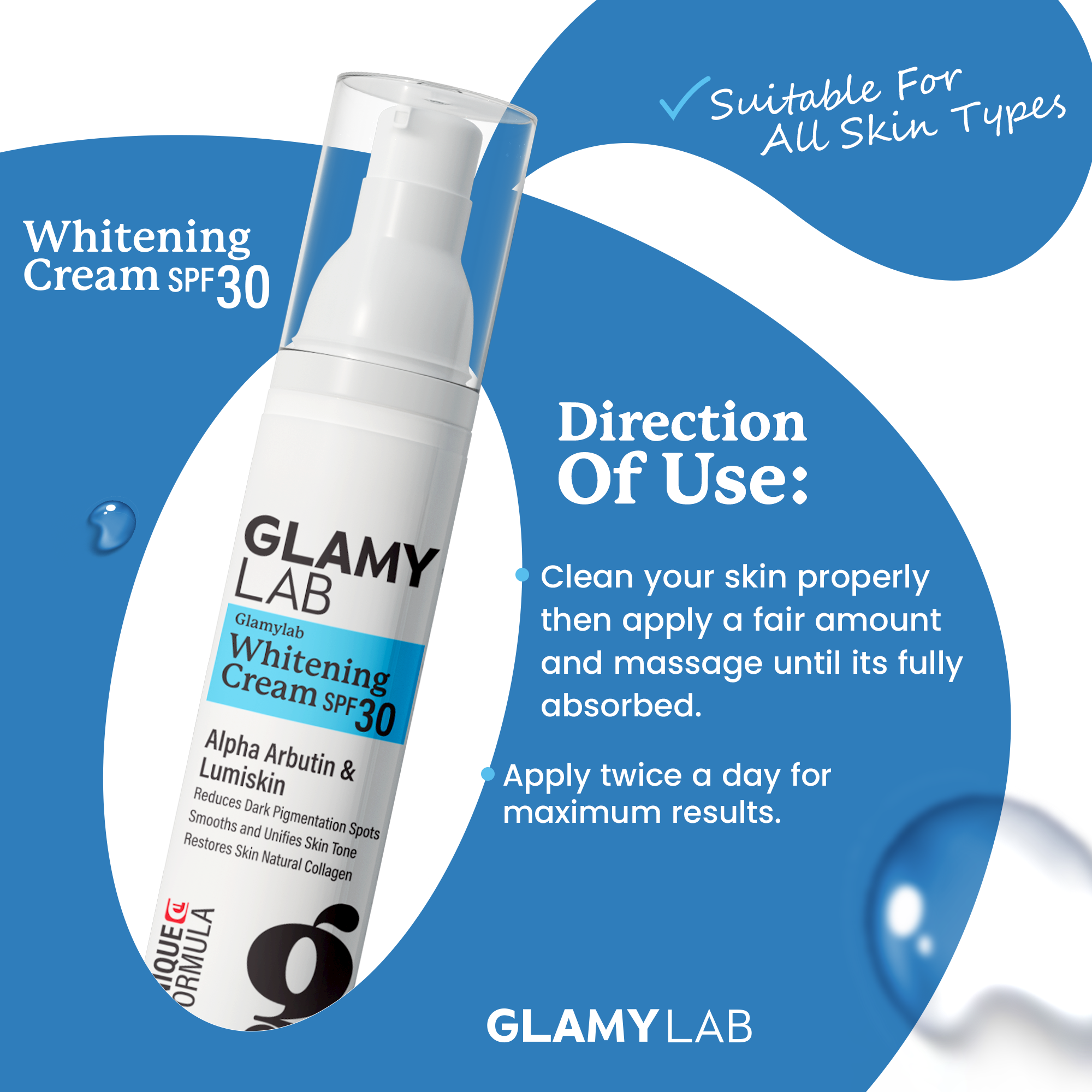 GLAMY LAB Whitening Cream SPF 30 bottle with direction of use details