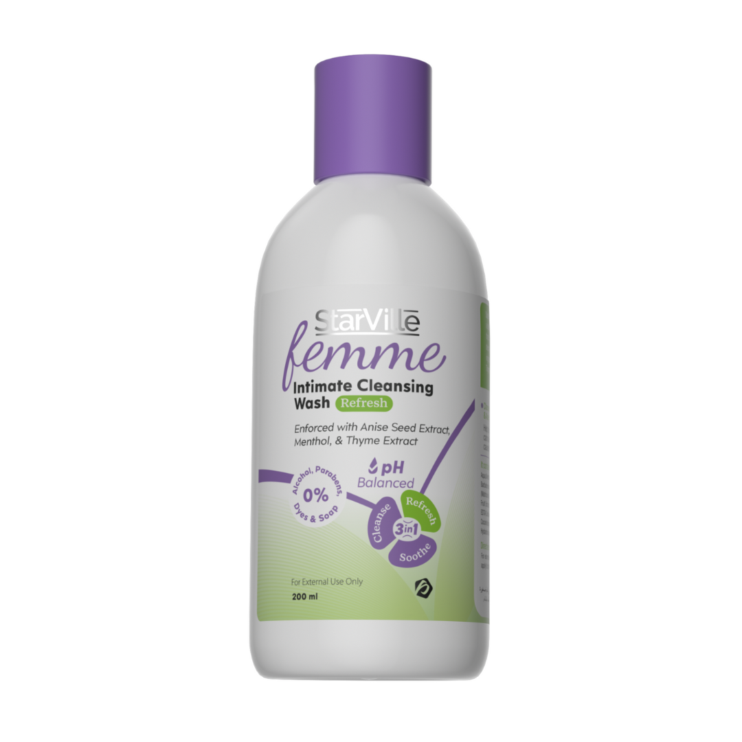 A bottle of StarVille Femme Intimate Cleansing Wash with key ingredients like anise seed extract, menthol, and thyme extract listed on the label.