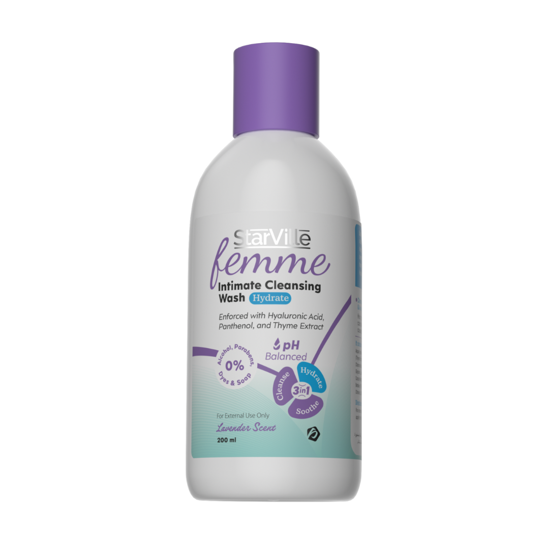 A bottle of StarVille Femme Intimate Cleansing Wash with a purple cap and label, 200 ml size, with hyaluronic acid and panthenol listed as ingredients.