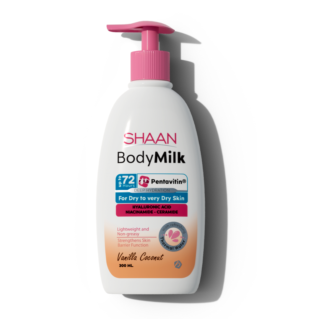 A pump bottle of Shaan Body Milk Vanilla Coconut 300 ml.