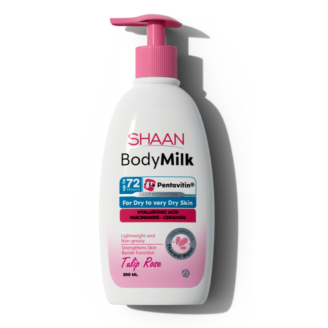 A pump bottle of Shaan Body Milk Tulip Rose scented and has a 72-hour hydration feature.