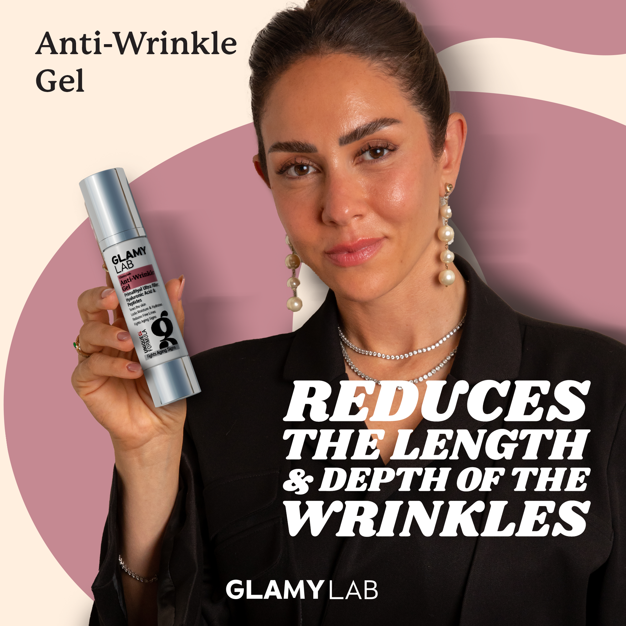 Woman holding GLAMY LAB anti-wrinkle gel with text 'reduces the length & depth of the wrinkles.'