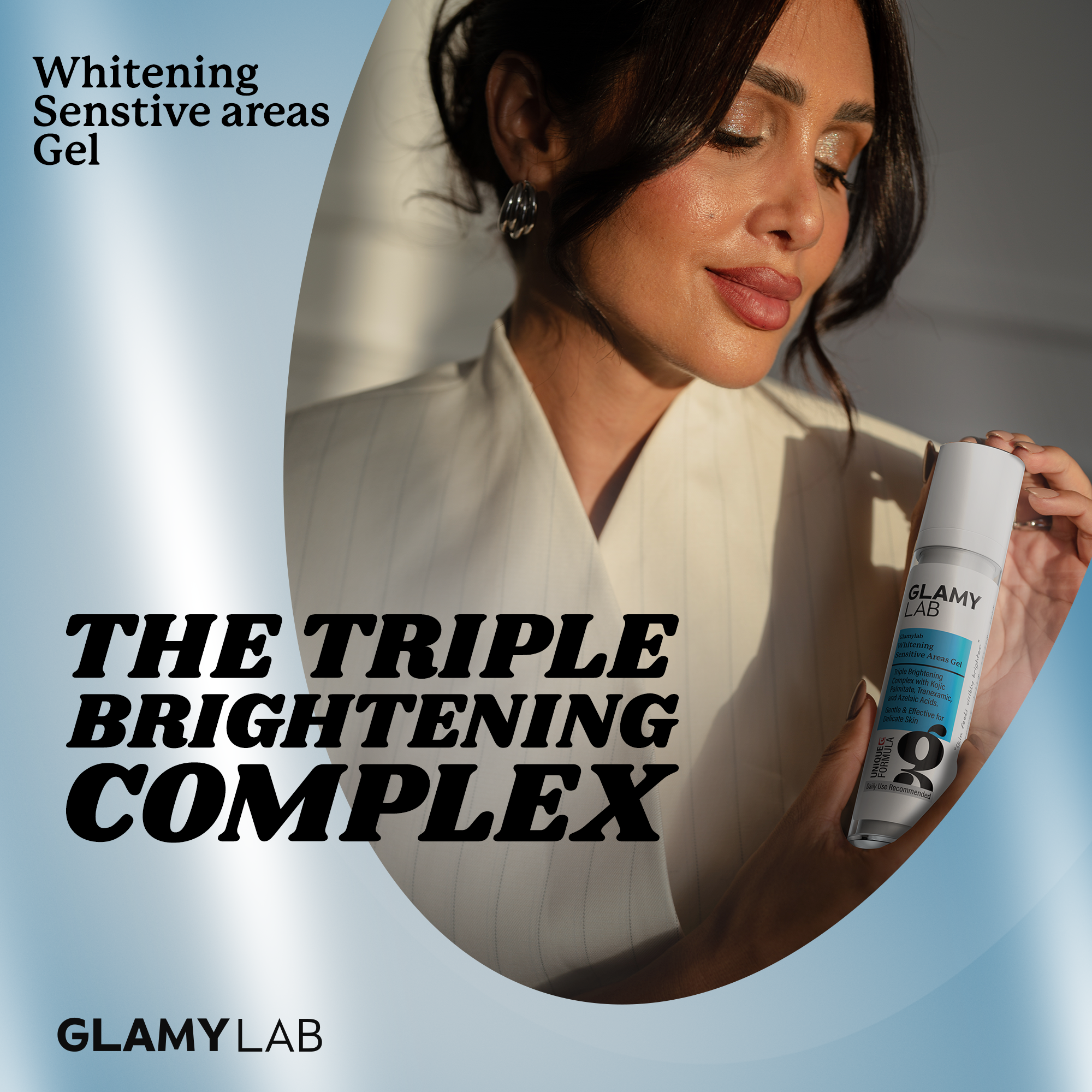 GLAMY LAB whitening sensitive areas gel and the triple brightening complex.