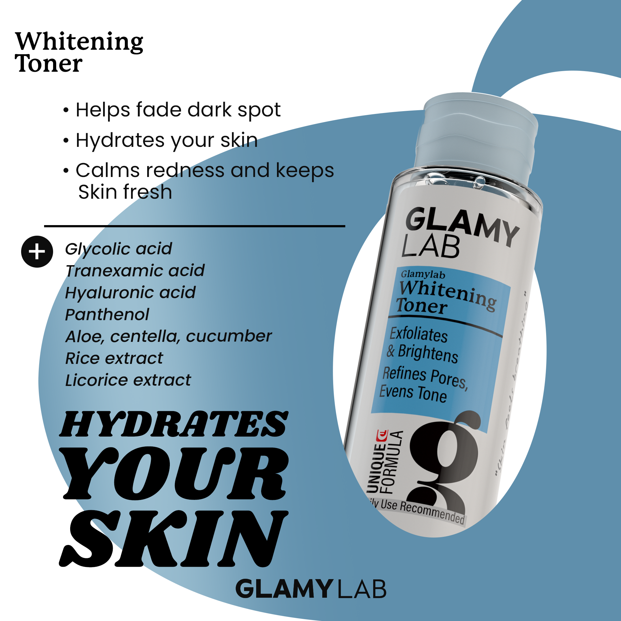GLAMY LAB Whitening Toner bottle with product benefits, and ingredients