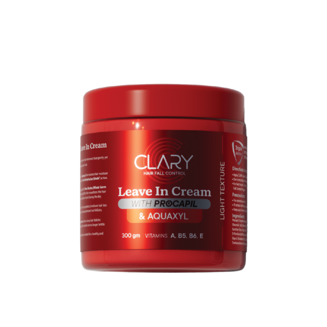 A red container of Clary Hair Leave In Cream with text detailing the product's benefits and ingredients like Procapil and Aquaxyl.