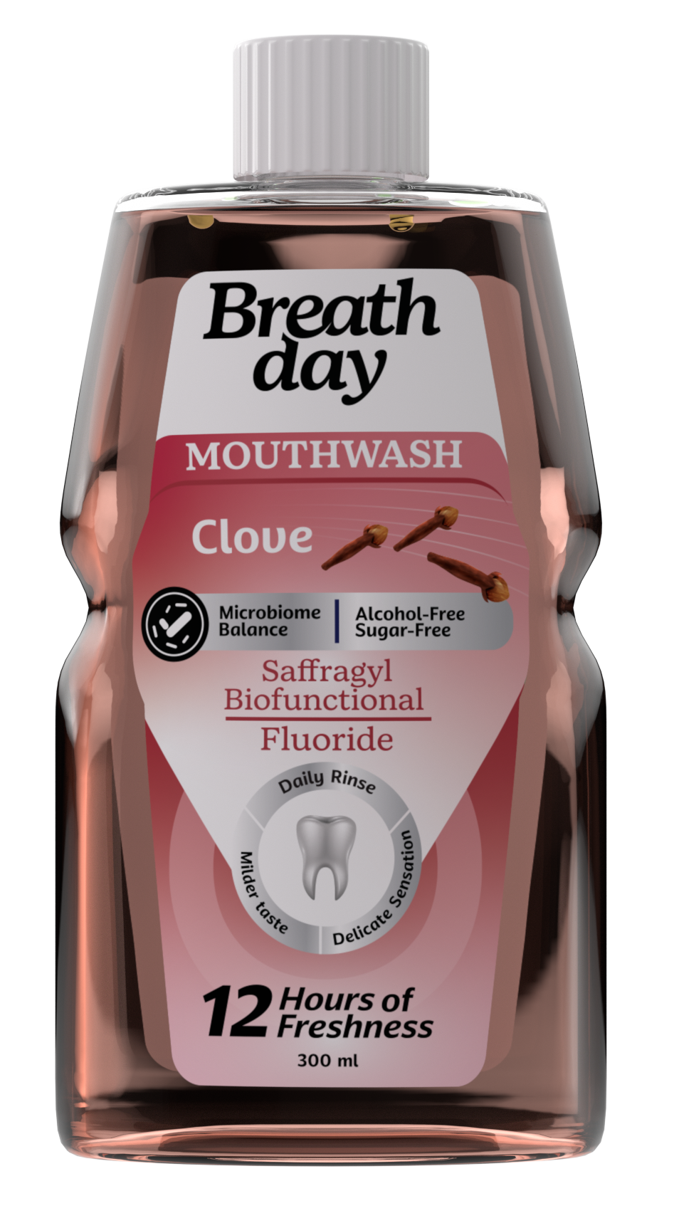 Bottle of Breath Day mouthwash with clove flavor