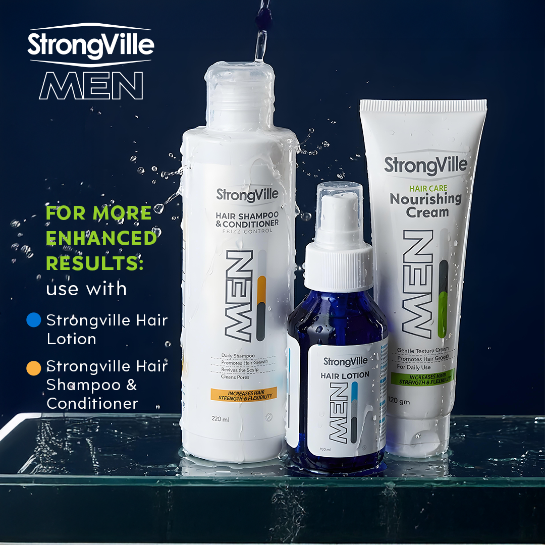 StrongVille Men hair care products including shampoo, lotion, and cream