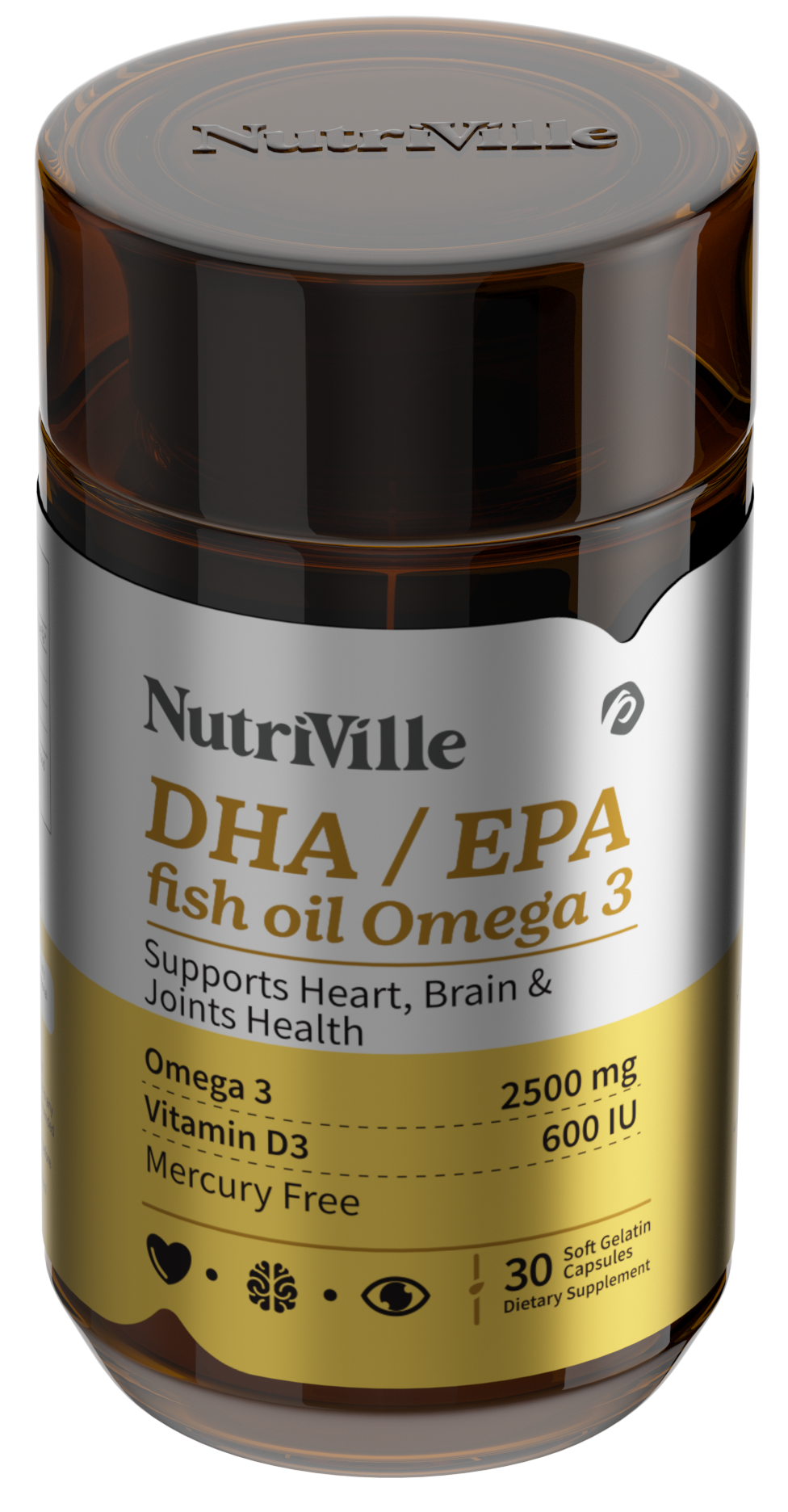 NutriVille DHA/EPA fish oil Omega 3 supplement bottle