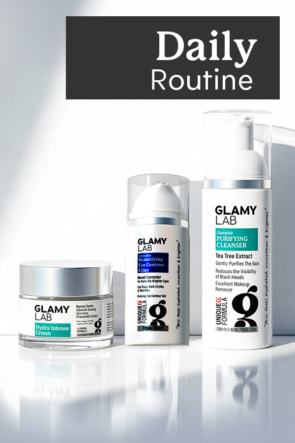 Glamy Lab skincare products with 'Daily Routine.'