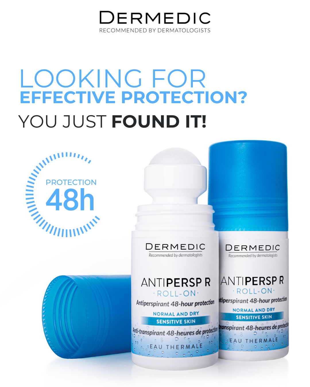 Dermedic antiperspirant roll-ons with promotional text