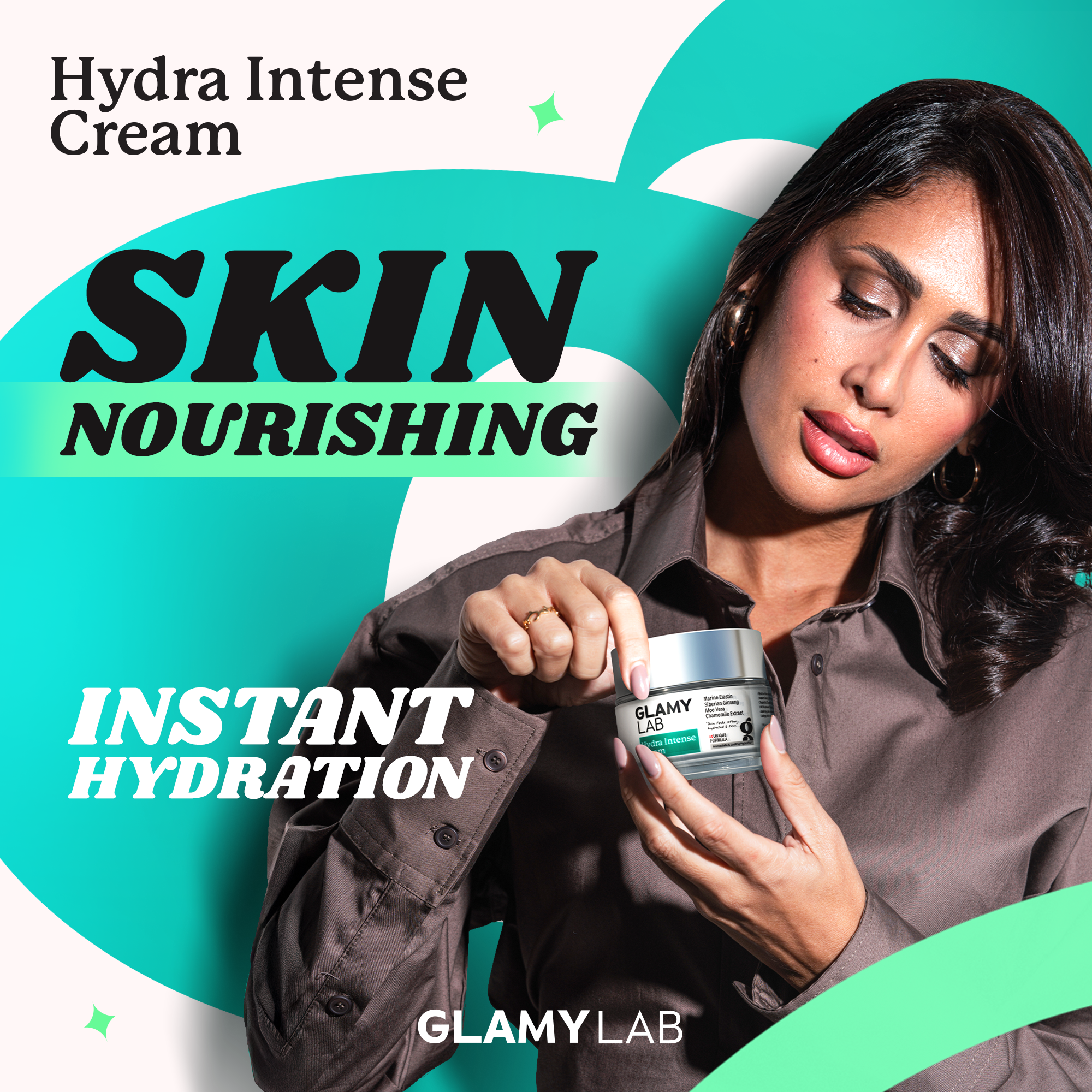 GLAMY LAB Hydra Intense Cream 50 gm jar with promotional text about skin nourishing and instant hydration.
