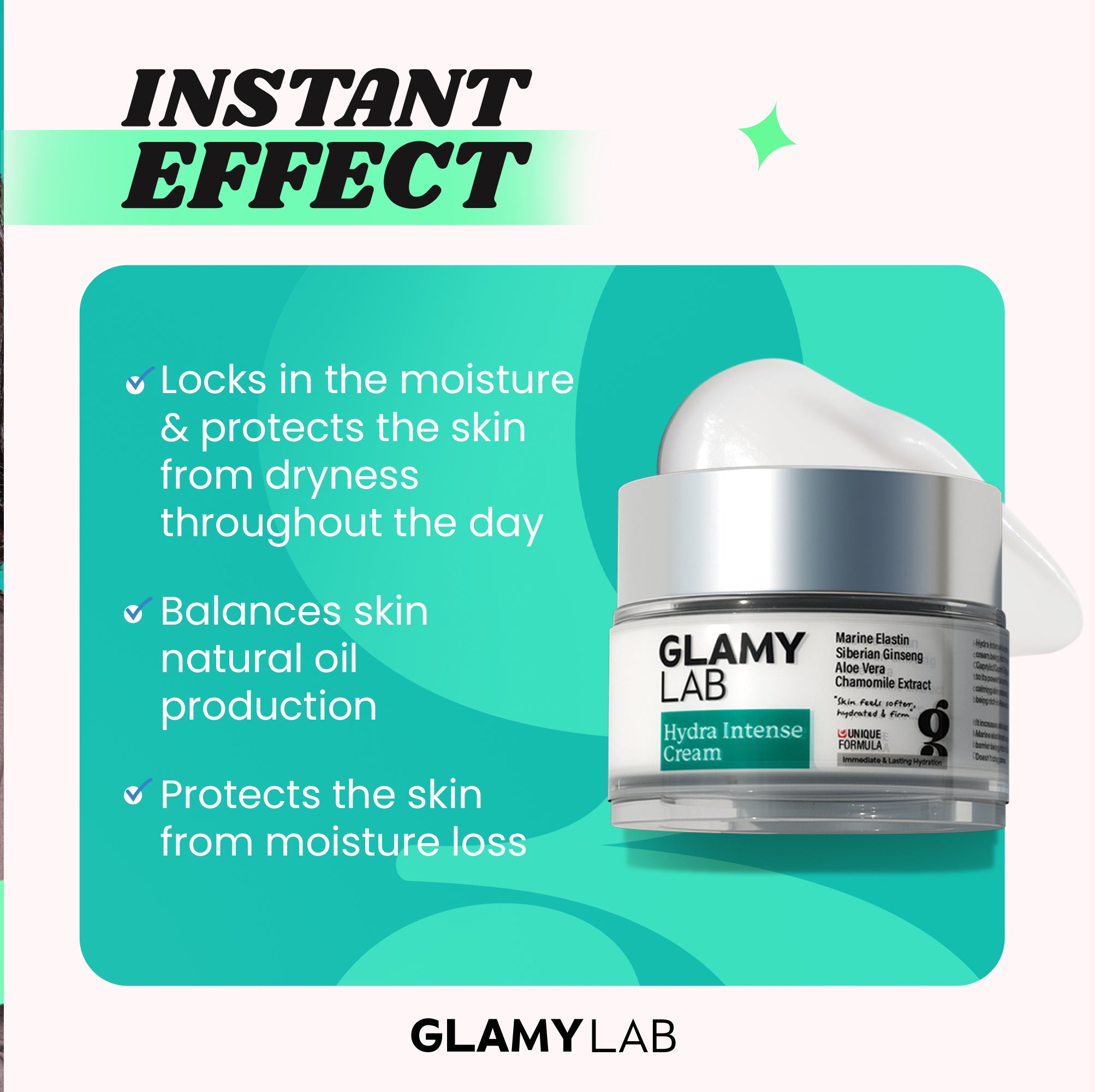Glamy Lab Hydra intense cream, skincare cream jar with product benefits