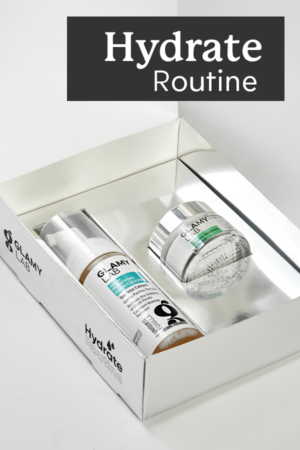 Cosmetic set with bottles labeled 'Glamy Lab' in a box, featuring the word 'Hydrate Routine.'