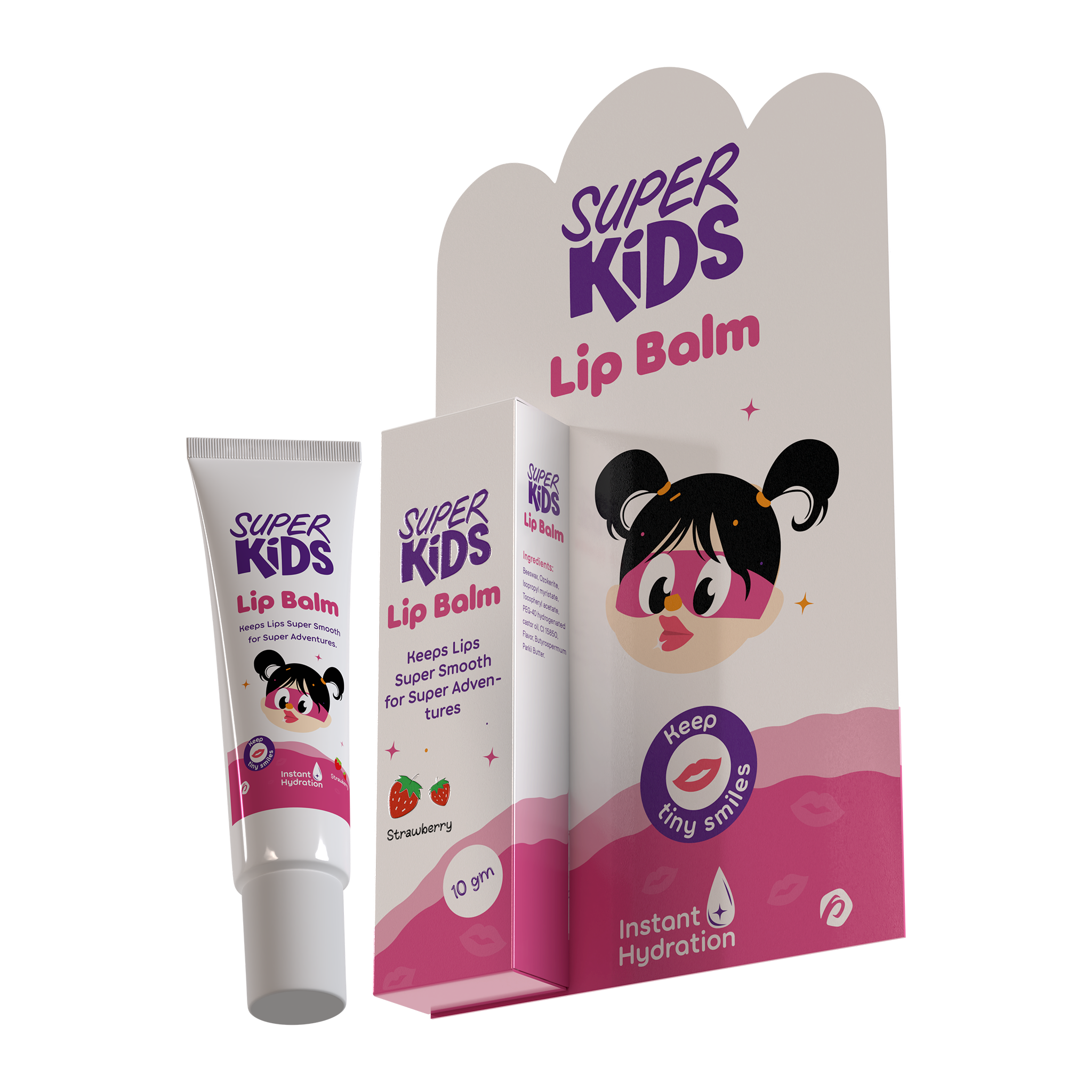 Super Kids lip balm packaging with a cartoon character