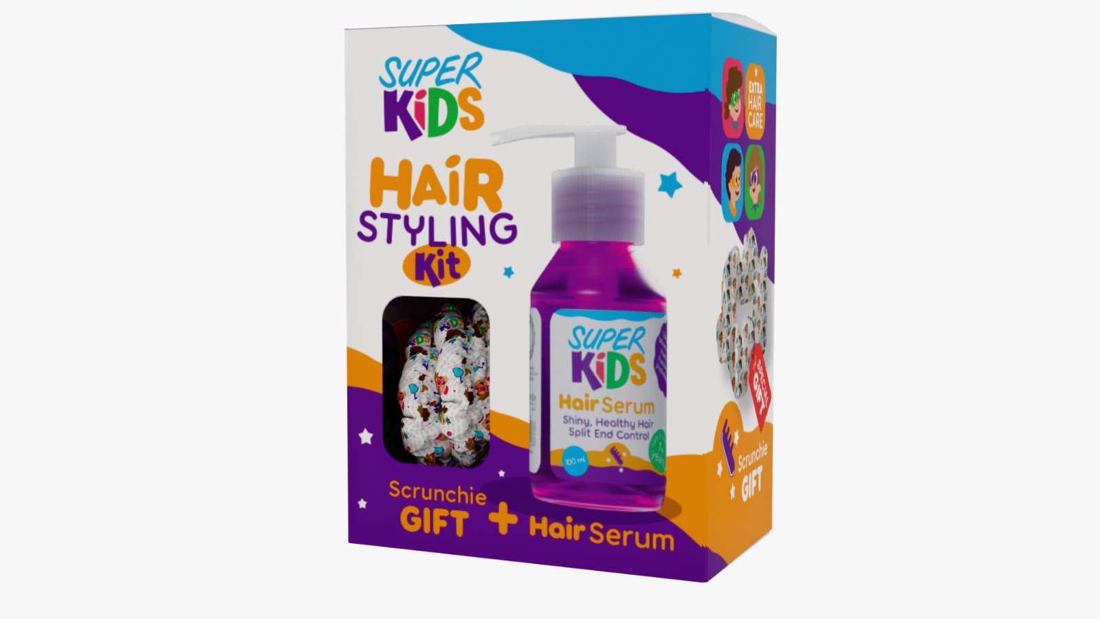 Super Kids Hair Styling Kit packaging with hair serum and scrunchies