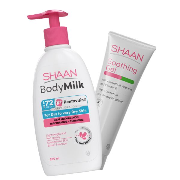 Two pump bottles of SHAAN body milk and soothing gel, one labeled for dry very light skin and the other with a pink cap labeled 'soothing gel'. Both bottles have 'SHAAN' branding and are presented against a white background.