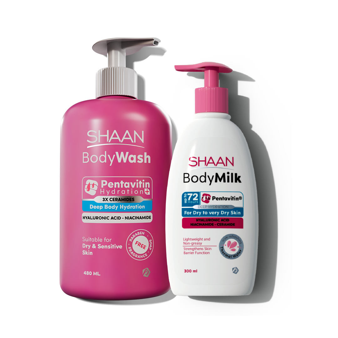 Pink and white bottles of Shaan Body Wash and BodyMilk