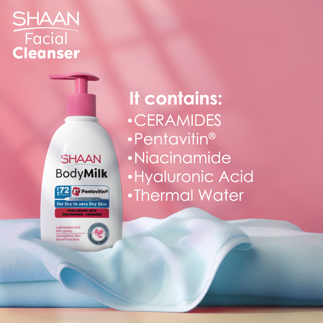 SHAAAN BodyMilk bottle with pink pump , featuring product ingredients.