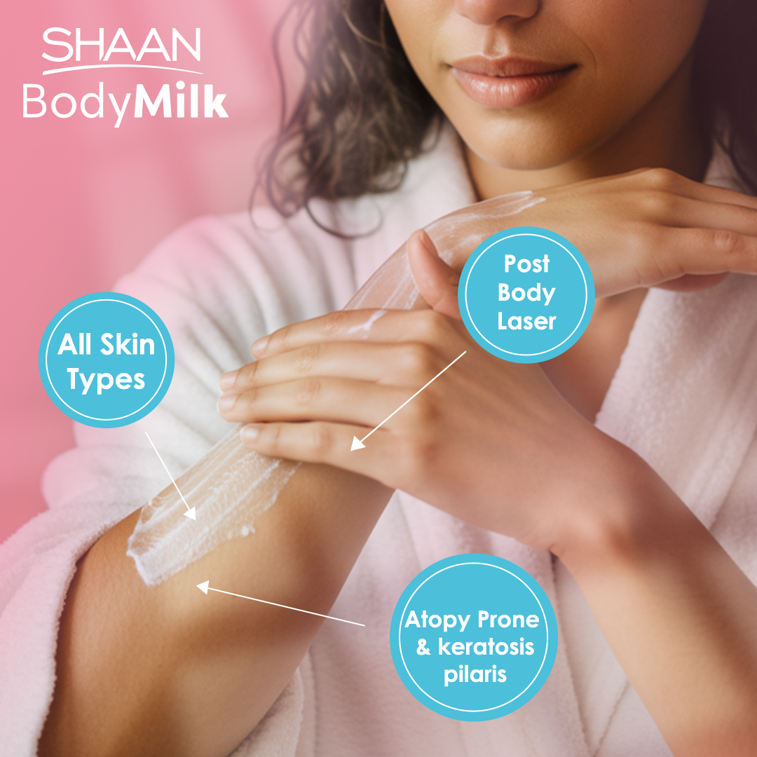 Woman applying SHAAN BodyMilk to her arm with product labeled for different skin types.