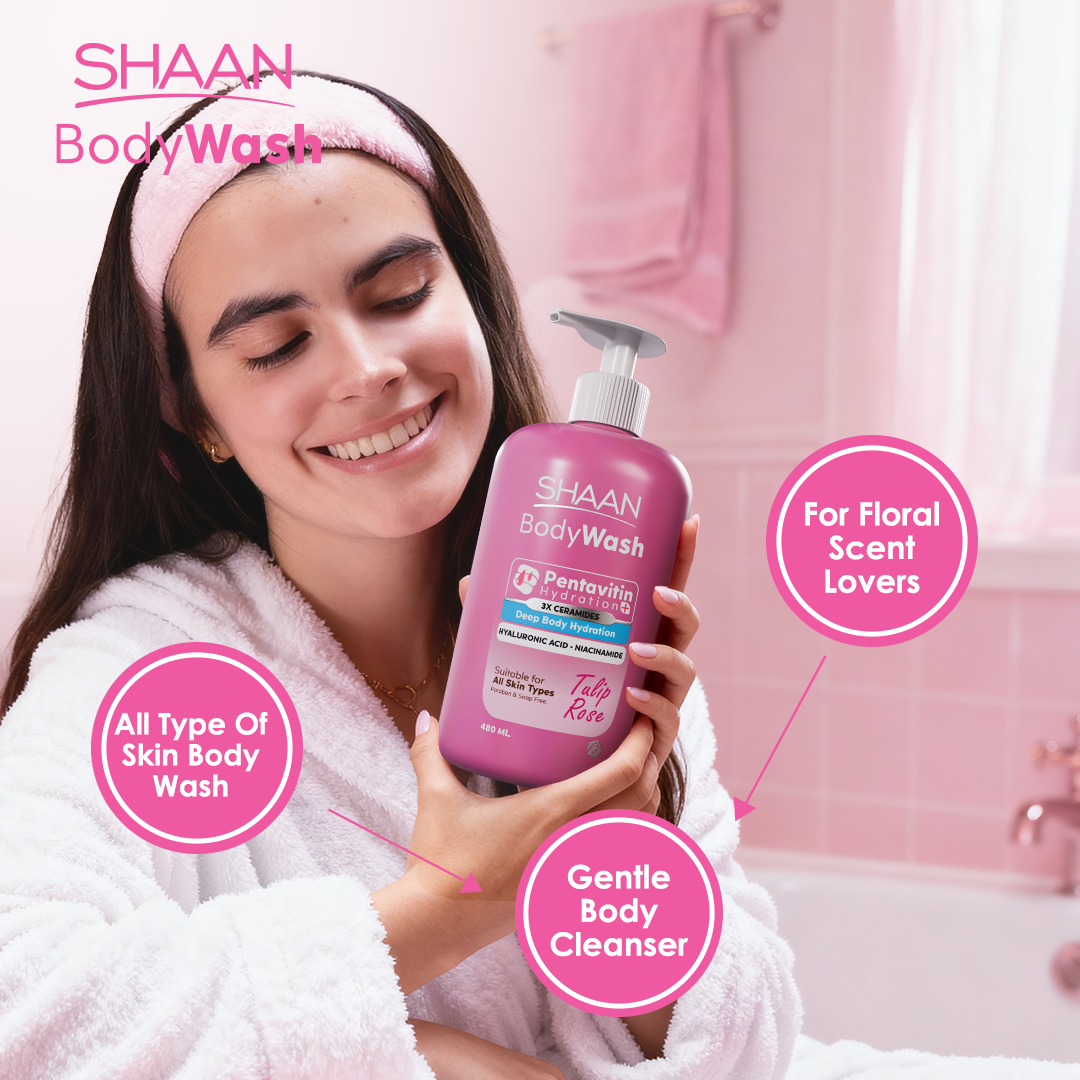 Woman holding a bottle of Shaan Body Wash in a bathroom setting