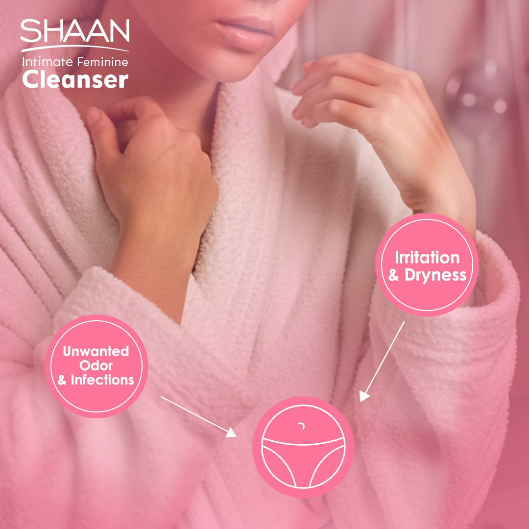Person wrapped in a pink towel with text about SHAAN Intimate Feminine Cleanser and symptoms it addresses.