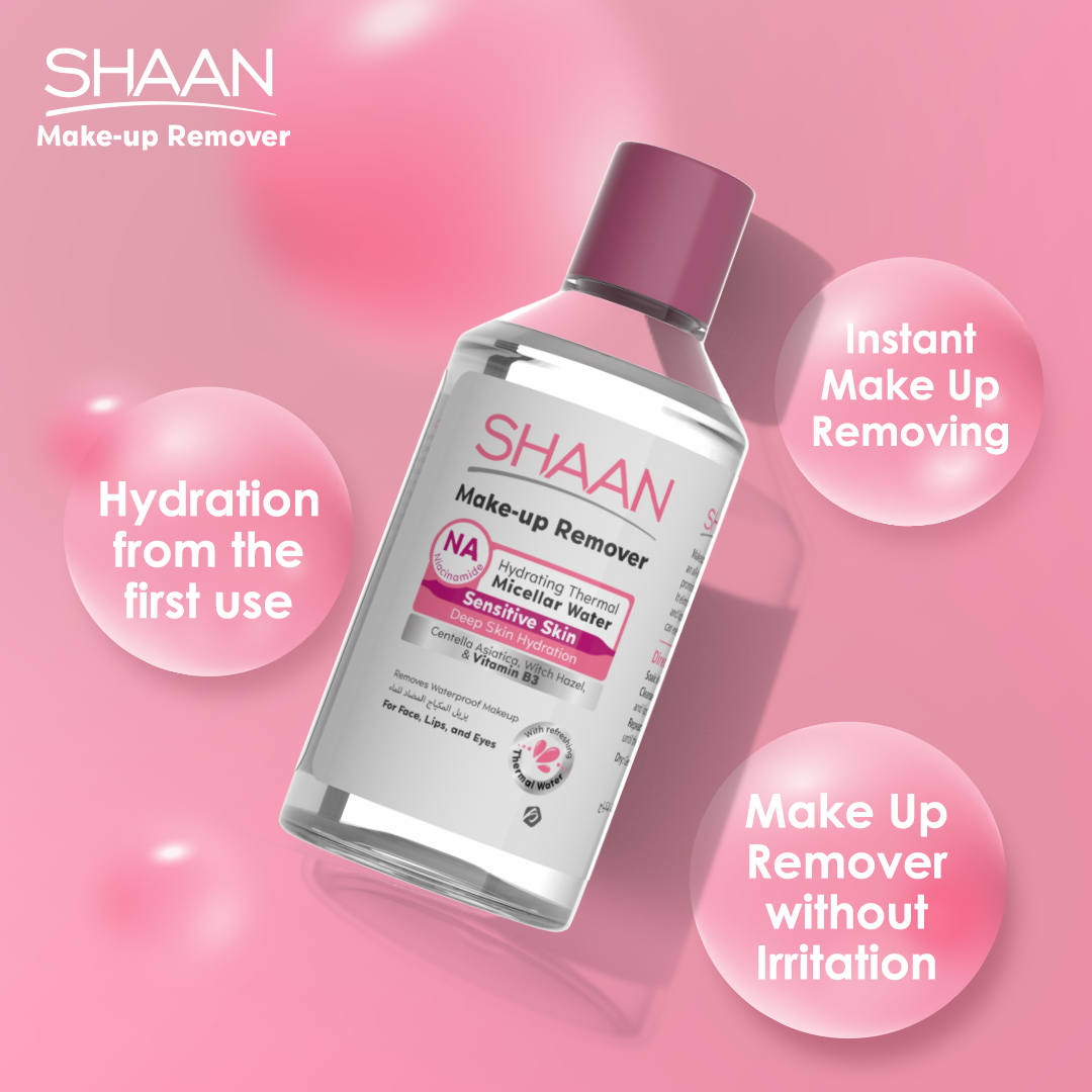 Shaan make-up remover bottle on a pink background with text highlighting features