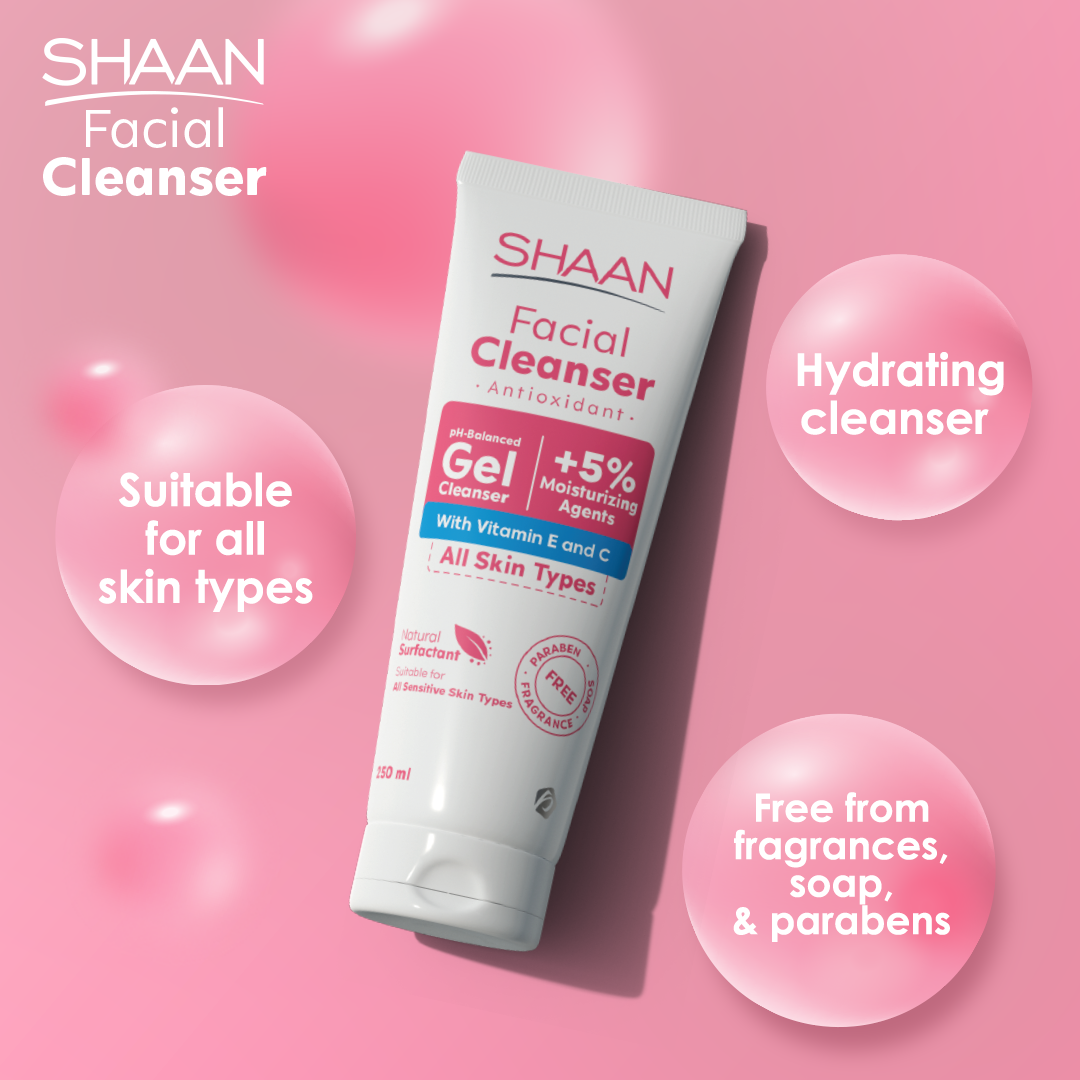 Tube of SHAAN Facial Cleanser with product features highlighted.