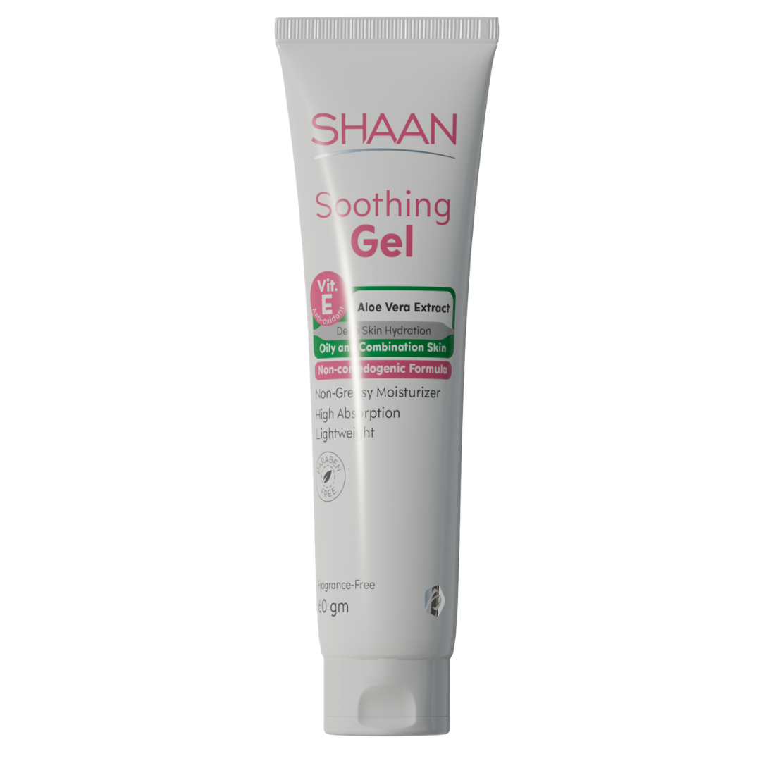 Tube of Shaan Soothing Gel with text indicating Aloe Vera Extract and being oil-free.