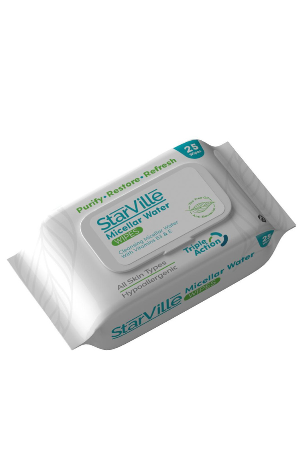 A pack of StarVille Micellar Water Wipes with 25 pieces. The packaging is predominantly white with green text and accents, and features the product name and count.