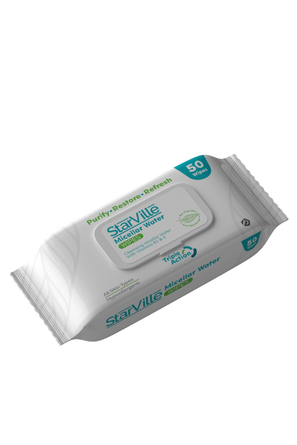 A pack of StarVille Micellar Water Wipes with 50 pieces. The packaging is predominantly white with green and blue accents, and the product name and count are visible.