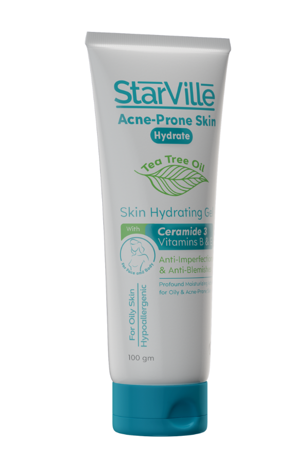 A tube of Starville Acne-Prone Skin Hydrating Gel with the text '100 gm' visible on the packaging, indicating the product weight.