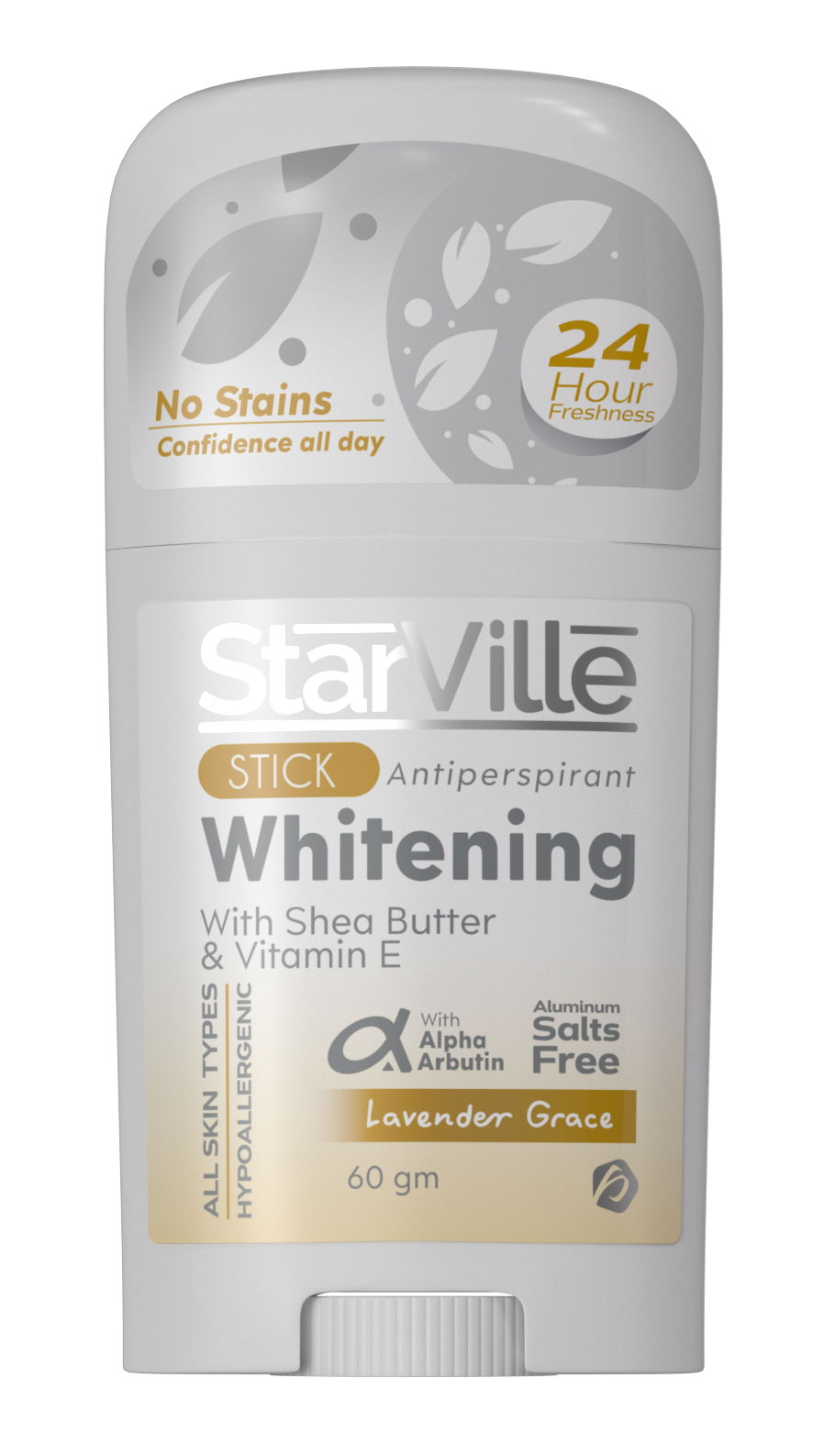 StarVille Whitening Stick Lavender Grace 60 ml A stick deodorant  indicating it has anti-perspirant properties and features such as no stains, 24 hour confidence, shea butter, and lavender grace scent.