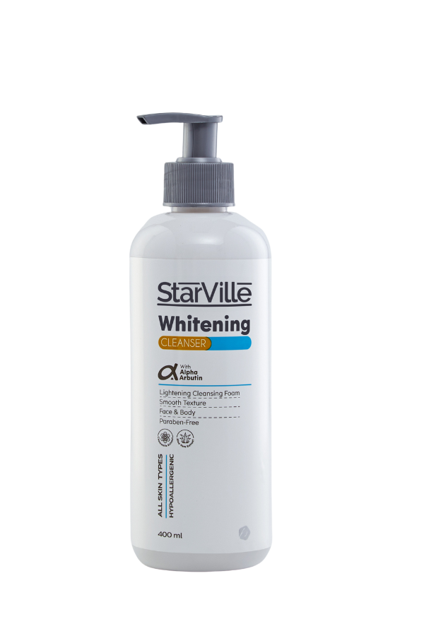 A pump bottle of Starville Whitening Cleanser 400 ml with product details and branding visible.