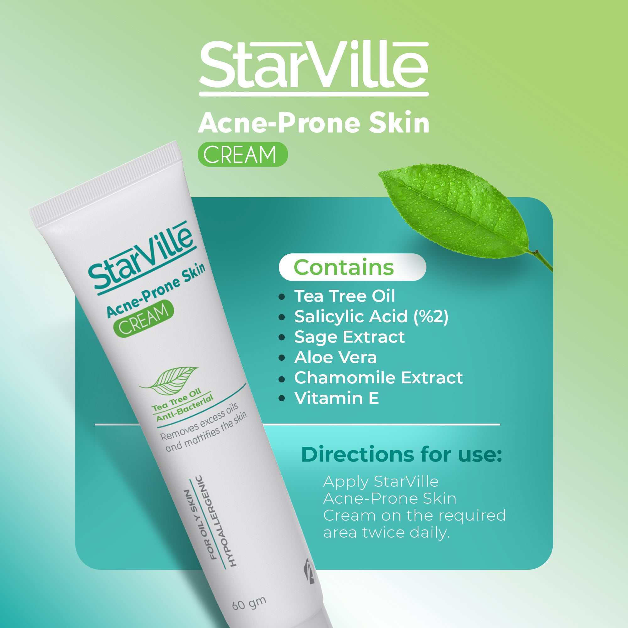 Tube of StarVille Acne-Prone Skin Cream with ingredient list