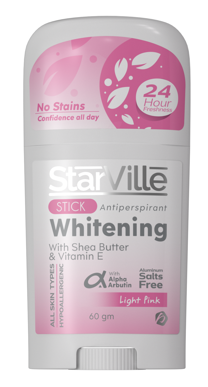 StarVille Whitening Stick Light Pink A stick deodorant with a label indicating it is a 'Whitening Stick' in light pink color, with shea butter and vitamin E, and boasts of being stain-free for 24 hours.