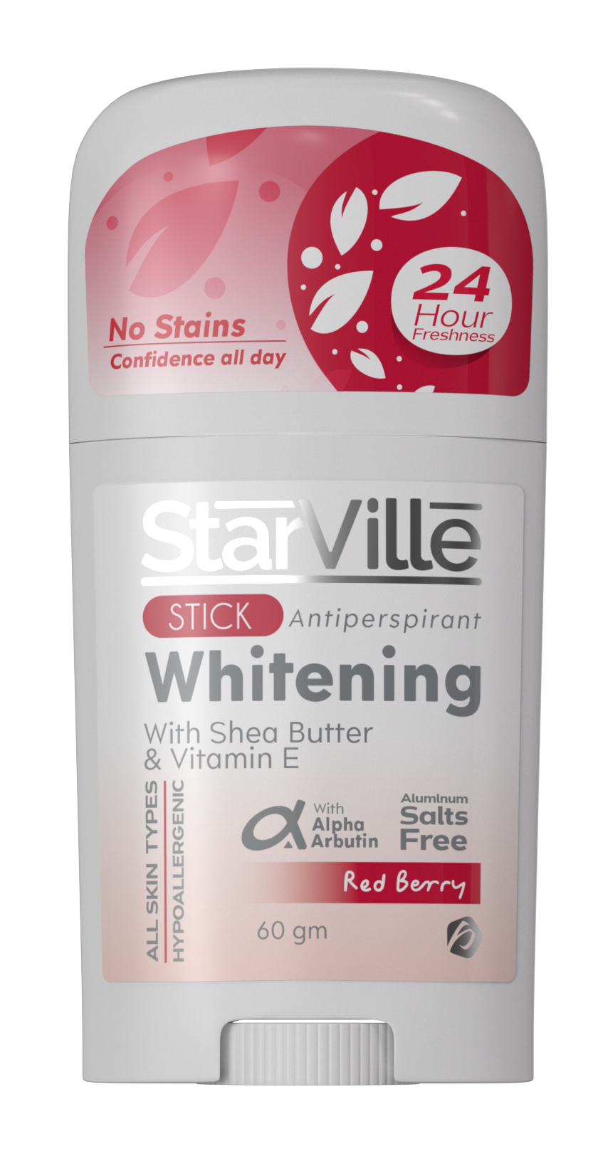 Starville Whitening stick Red Berry A stick deodorant with red and white color scheme branded as Starville Whitening stick in Red Berry variant, indicating it is sweat and stain resistant with 24 hour protection.