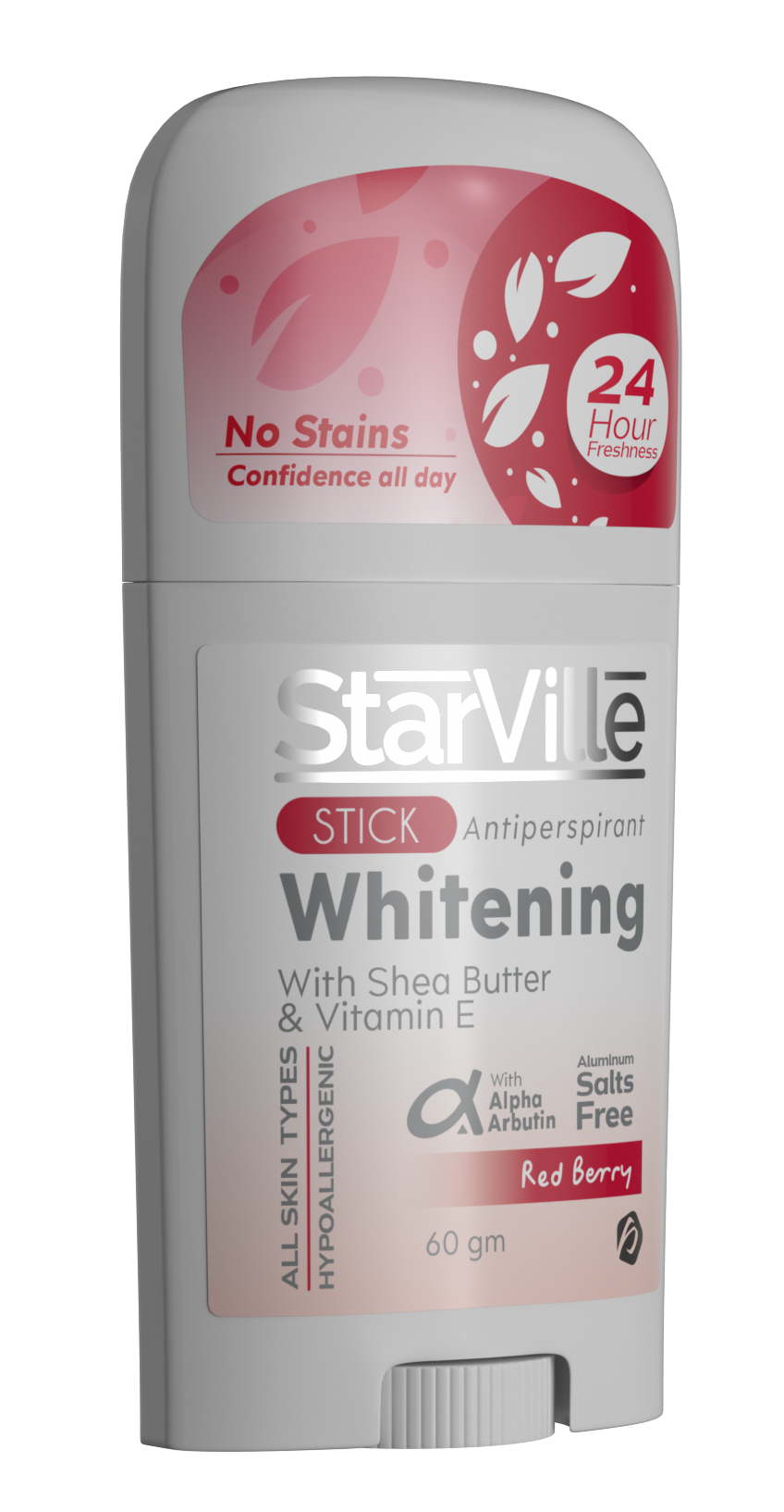 Starville Whitening stick Red Berry A stick deodorant with red and white color scheme branded as Starville Whitening stick in Red Berry variant, indicating it is sweat and stain resistant with 24 hour protection.