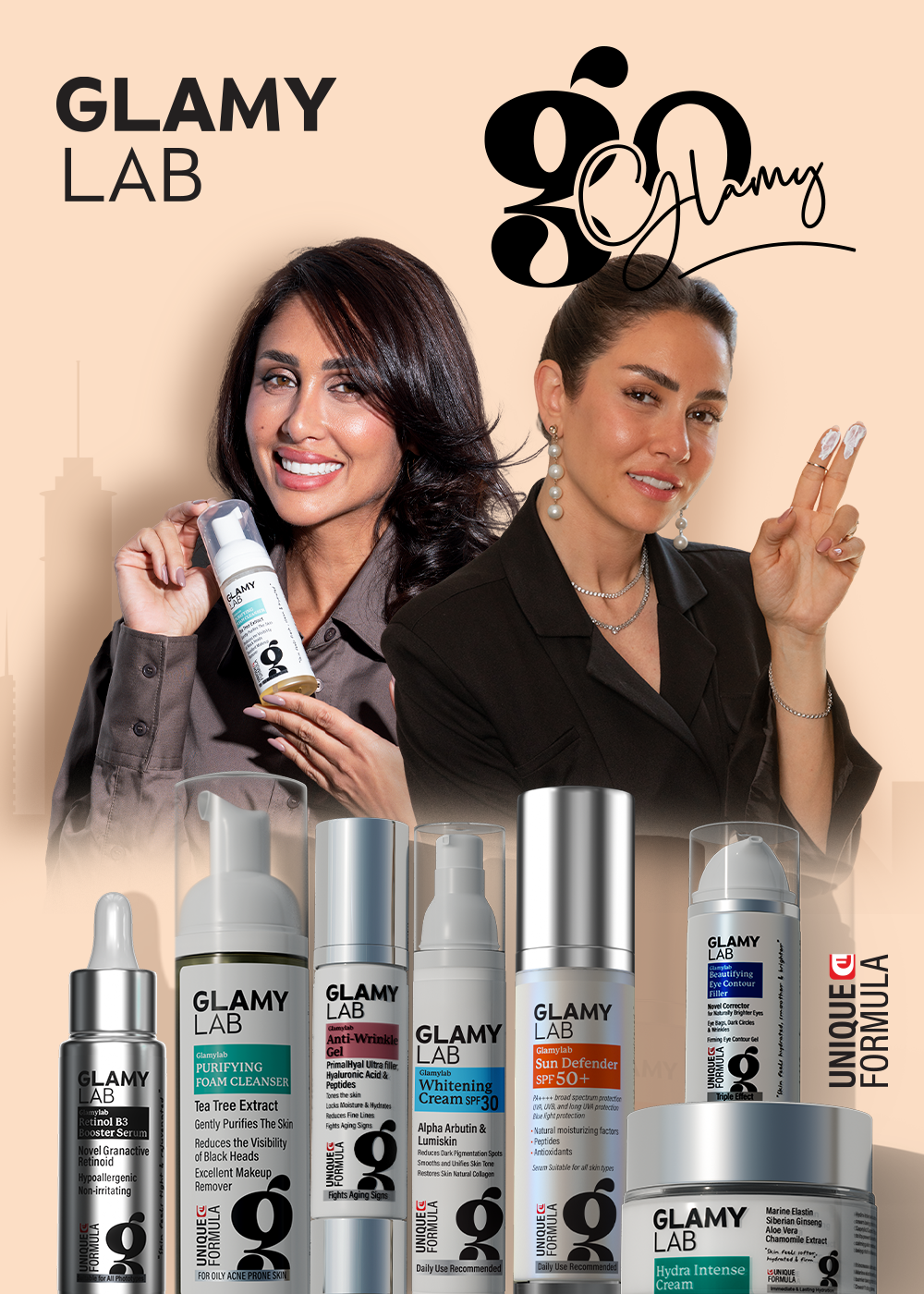 Two women holding GLAMY Lab products with the brand's logo and product lineup