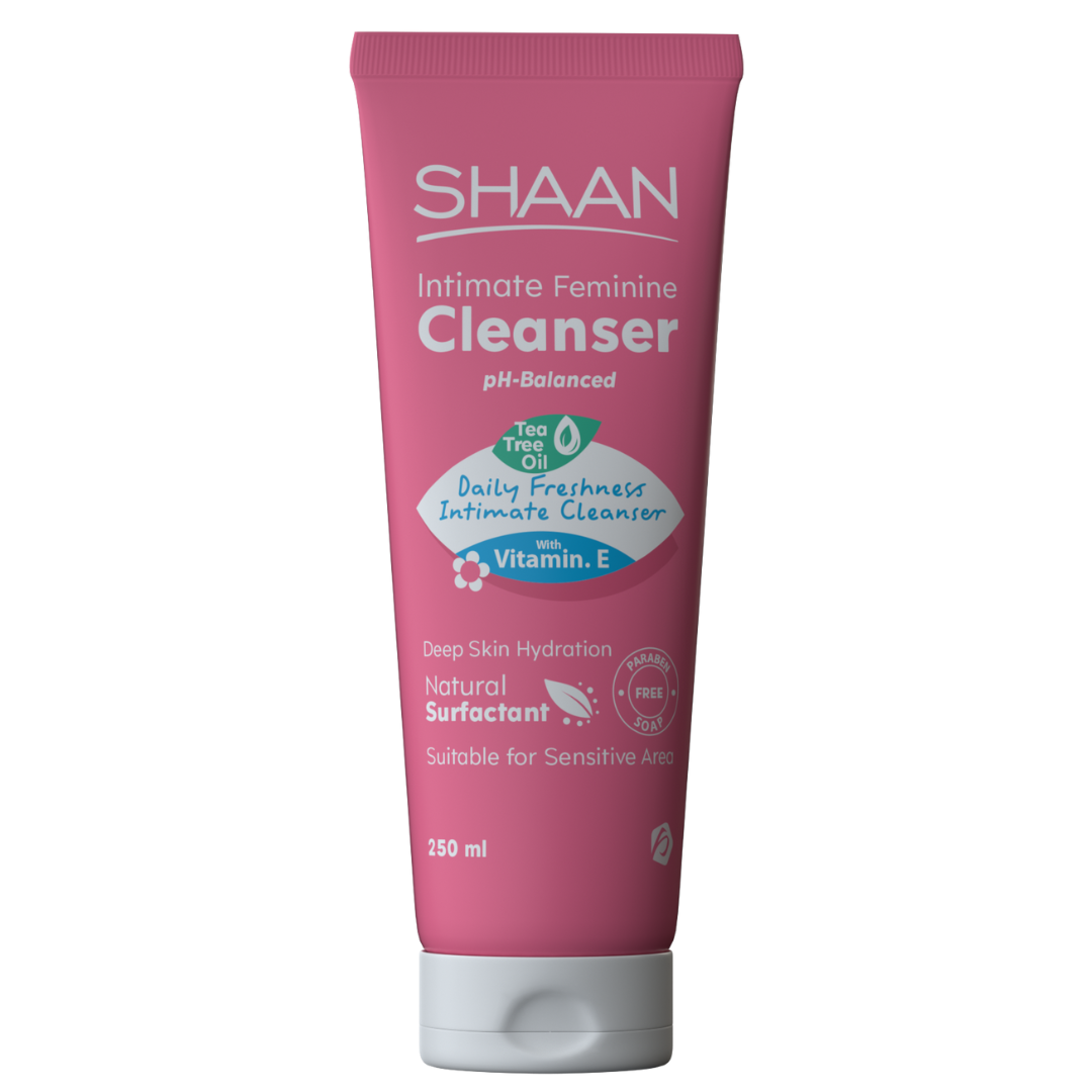 A pink tube of Shaan Intimate Feminine Cleanser, 250 ml size, with product information and branding on the label.