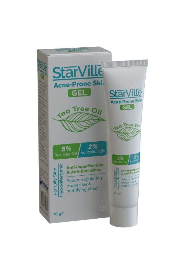 A tube of StarVille AcneProne Skin Gel with packaging displaying the product information and indicating it contains tea tree oil.