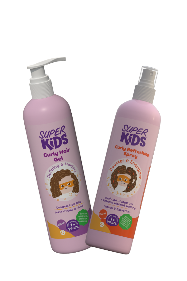 Two bottles of Superkids hair care products, one labeled as 'Curly Gel' and the other as 'Curly Reviving Spray'. Both bottles have pink labels with illustrations of children and curly hair.