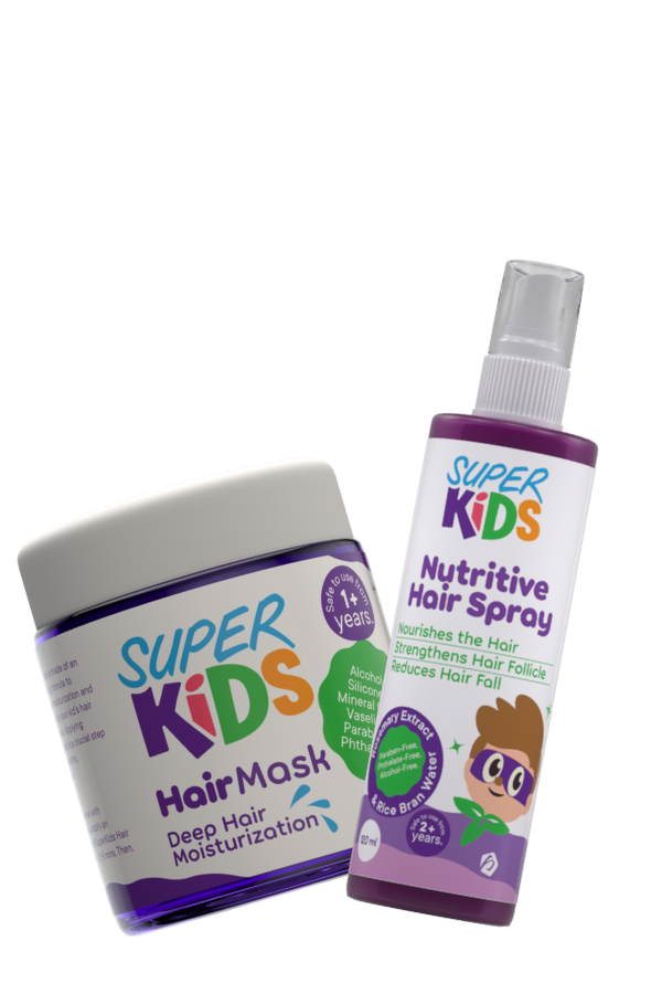 The image shows two products from Superkids: a Hair Mask in a white jar with purple and green labeling, and a Nutritive Hair Spray in a purple spray bottle.